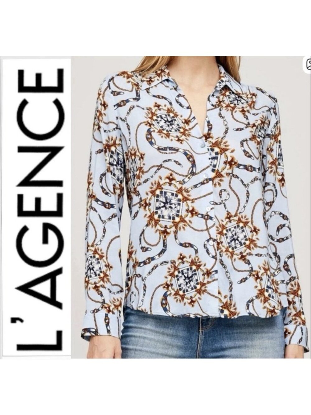 L’agence Holly Blouse XXS Shirt Blue Equestrian Belt Chain Button Down Up Top